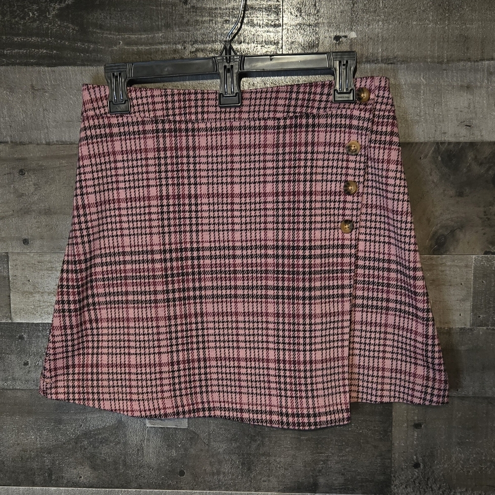 Pink Plaid Mini Skirt with Side Button Detail